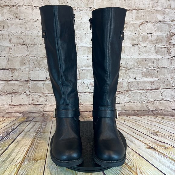 Global Win Quilted Black Buckle Side Zip Harness Block Heel Riding Boots 7.5 - Picture 2 of 8